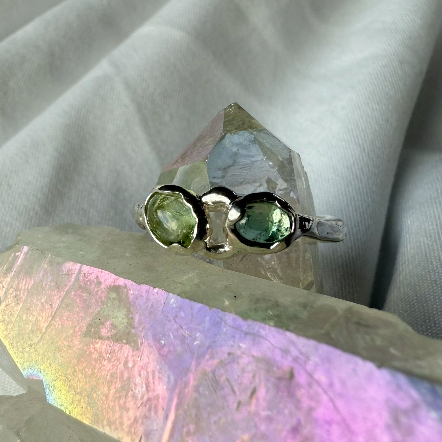 blue green tourmaline sterling silver ring carved from wax and cast in sterling silver