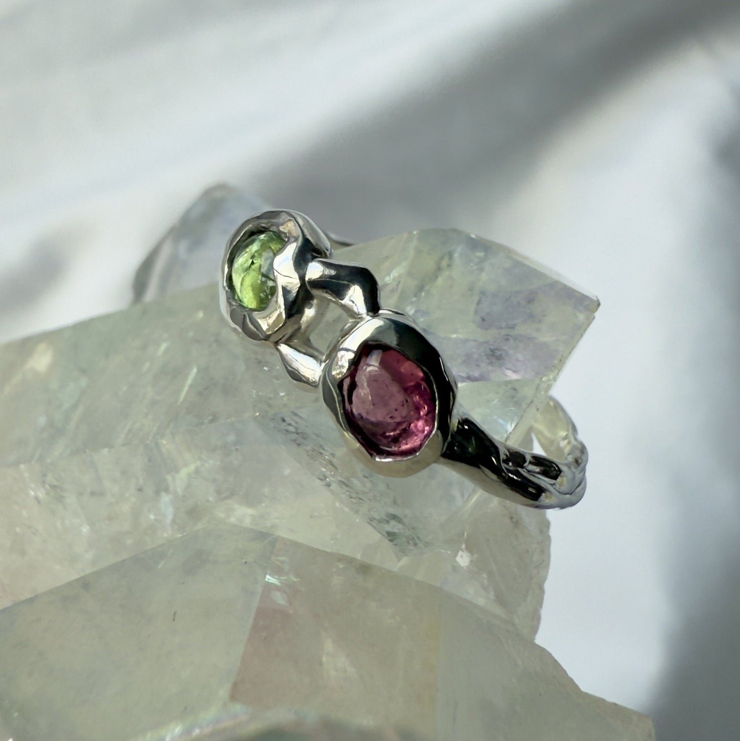 pink and green tourmaline ring that was carved from wax and cast in sterling silver