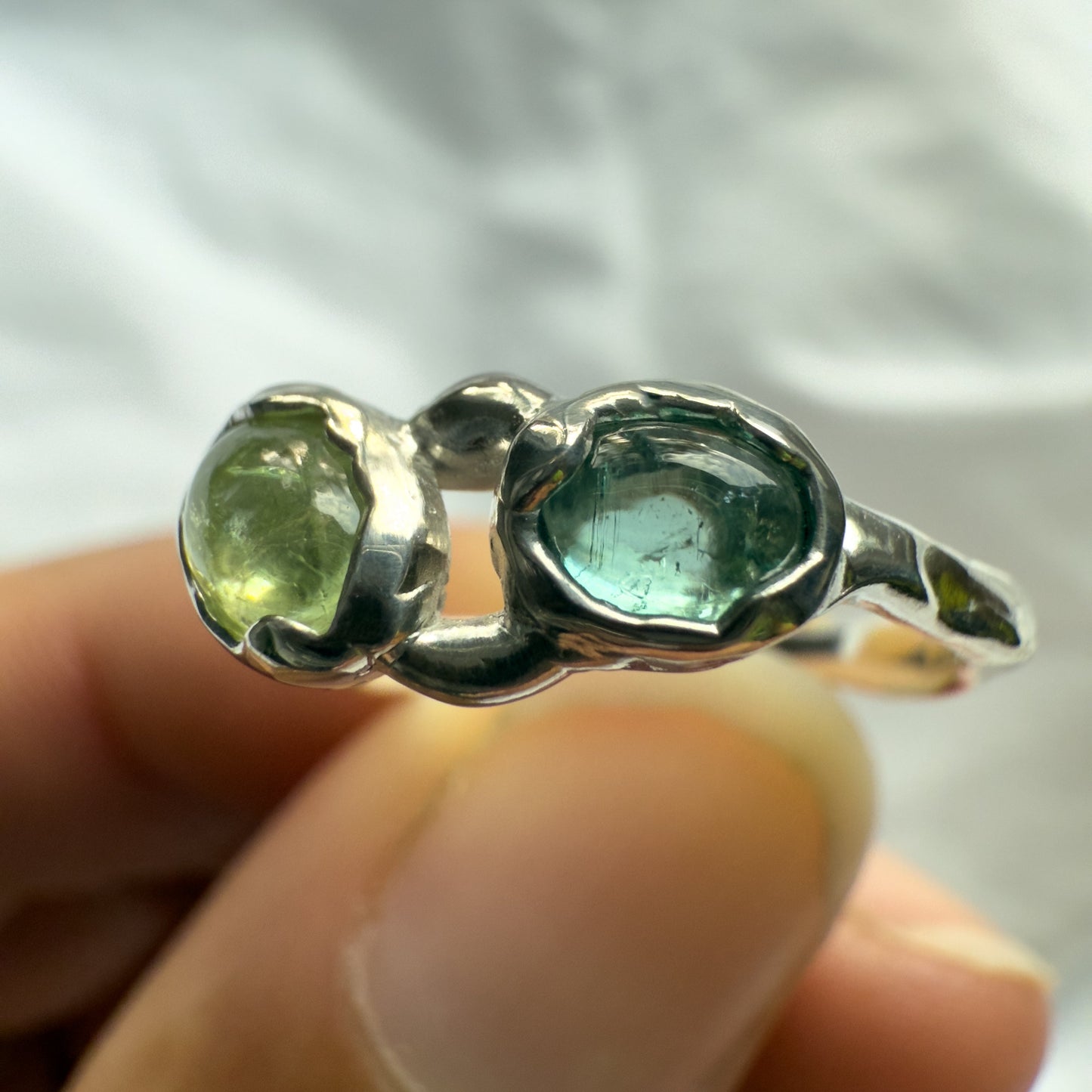 blue green tourmaline sterling silver ring carved from wax and cast in sterling silver