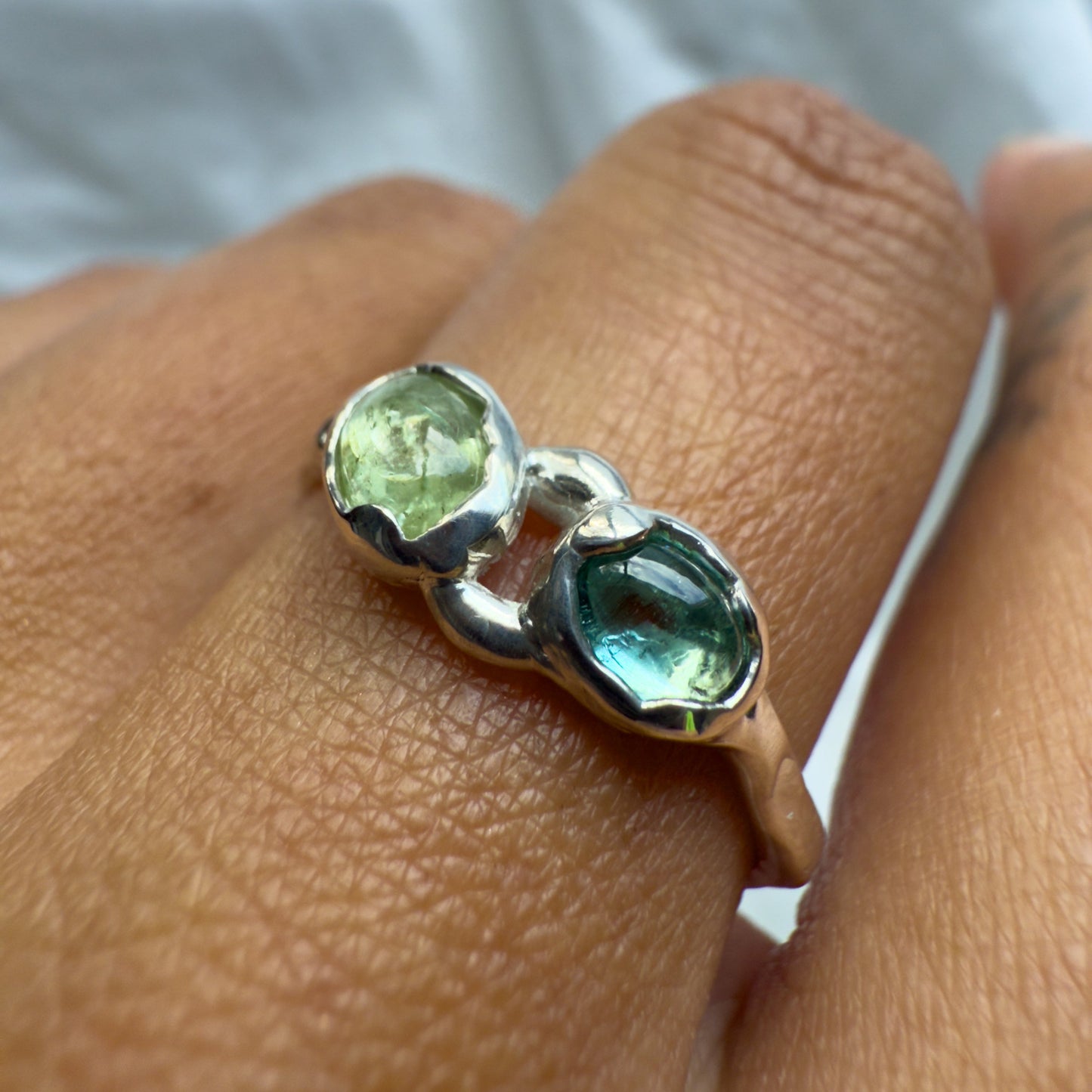 blue green tourmaline sterling silver ring carved from wax and cast in sterling silver