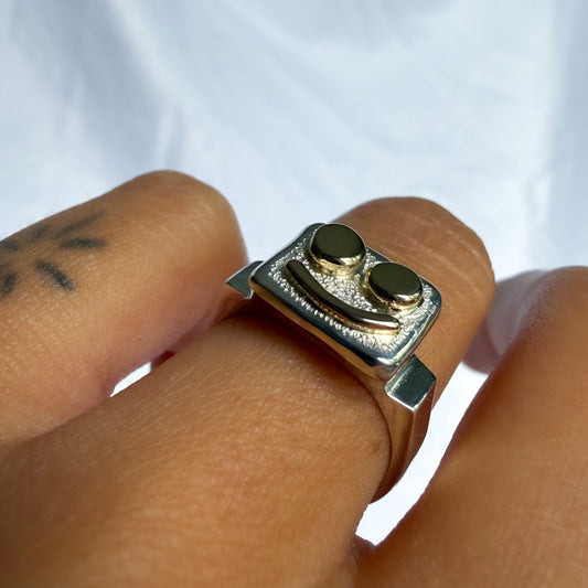Mixed Metal Smiley Signet Ring Size 6