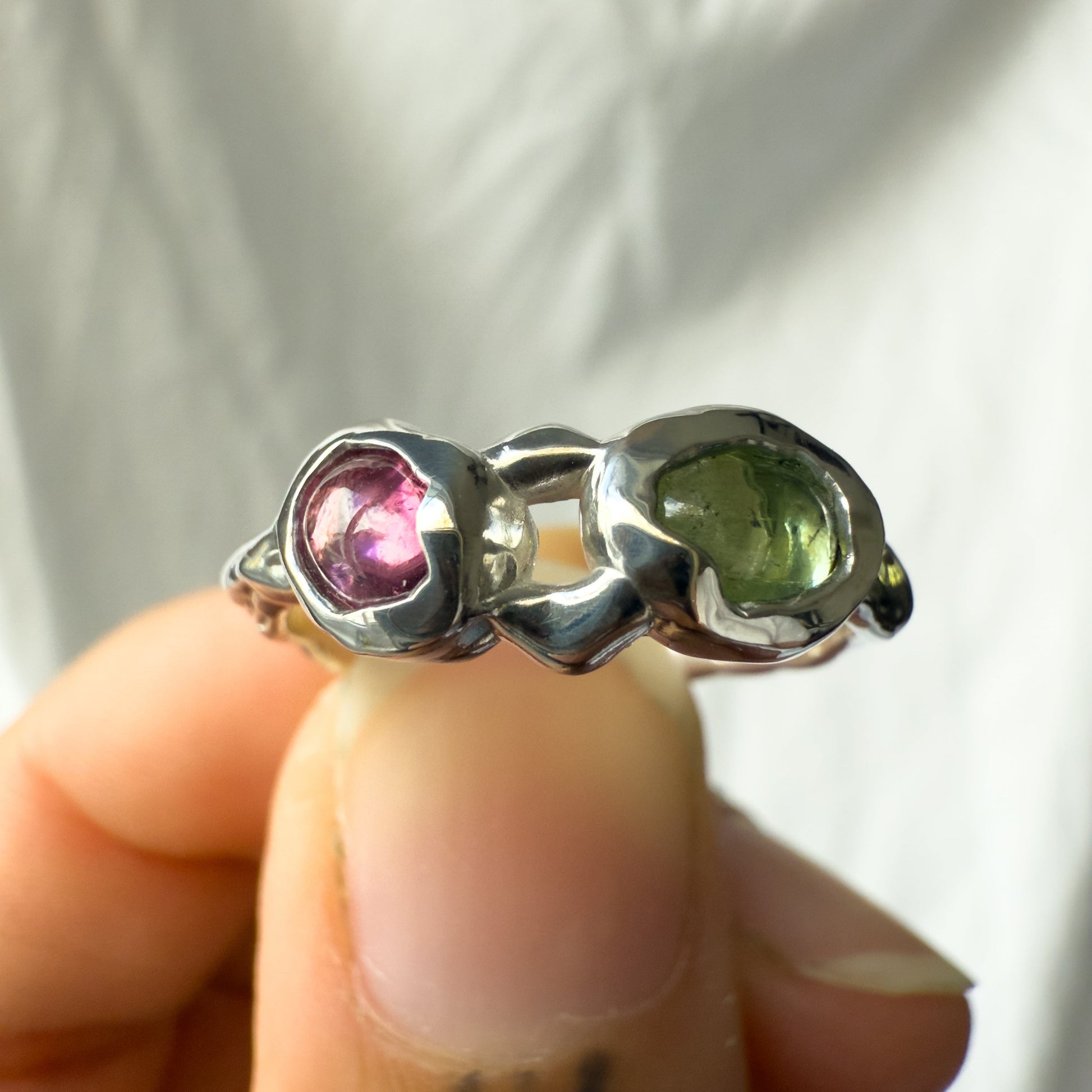 pink and green tourmaline ring that was carved from wax and cast in sterling silver