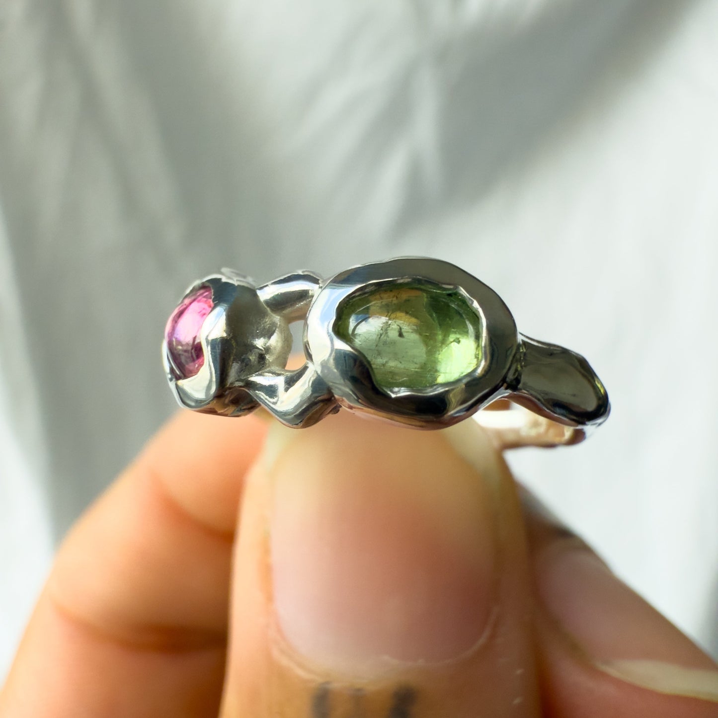 pink and green tourmaline ring that was carved from wax and cast in sterling silver