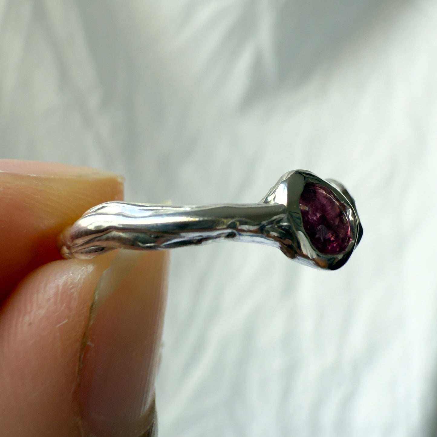 pink and green tourmaline ring that was carved from wax and cast in sterling silver