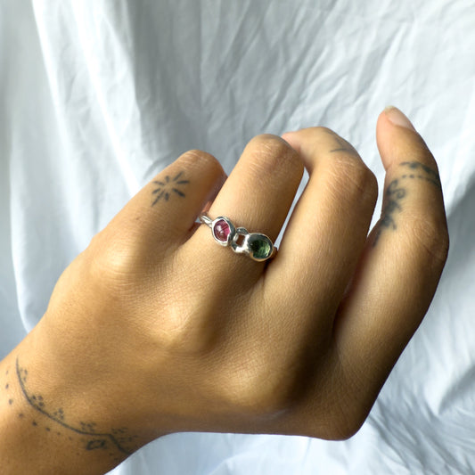 pink and green tourmaline ring that was carved from wax and cast in sterling silver