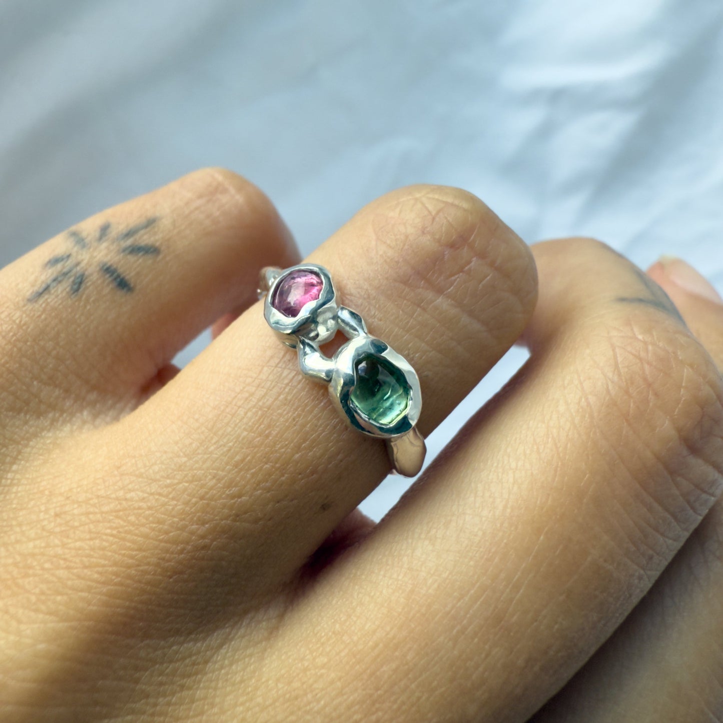 pink and green tourmaline ring that was carved from wax and cast in sterling silver