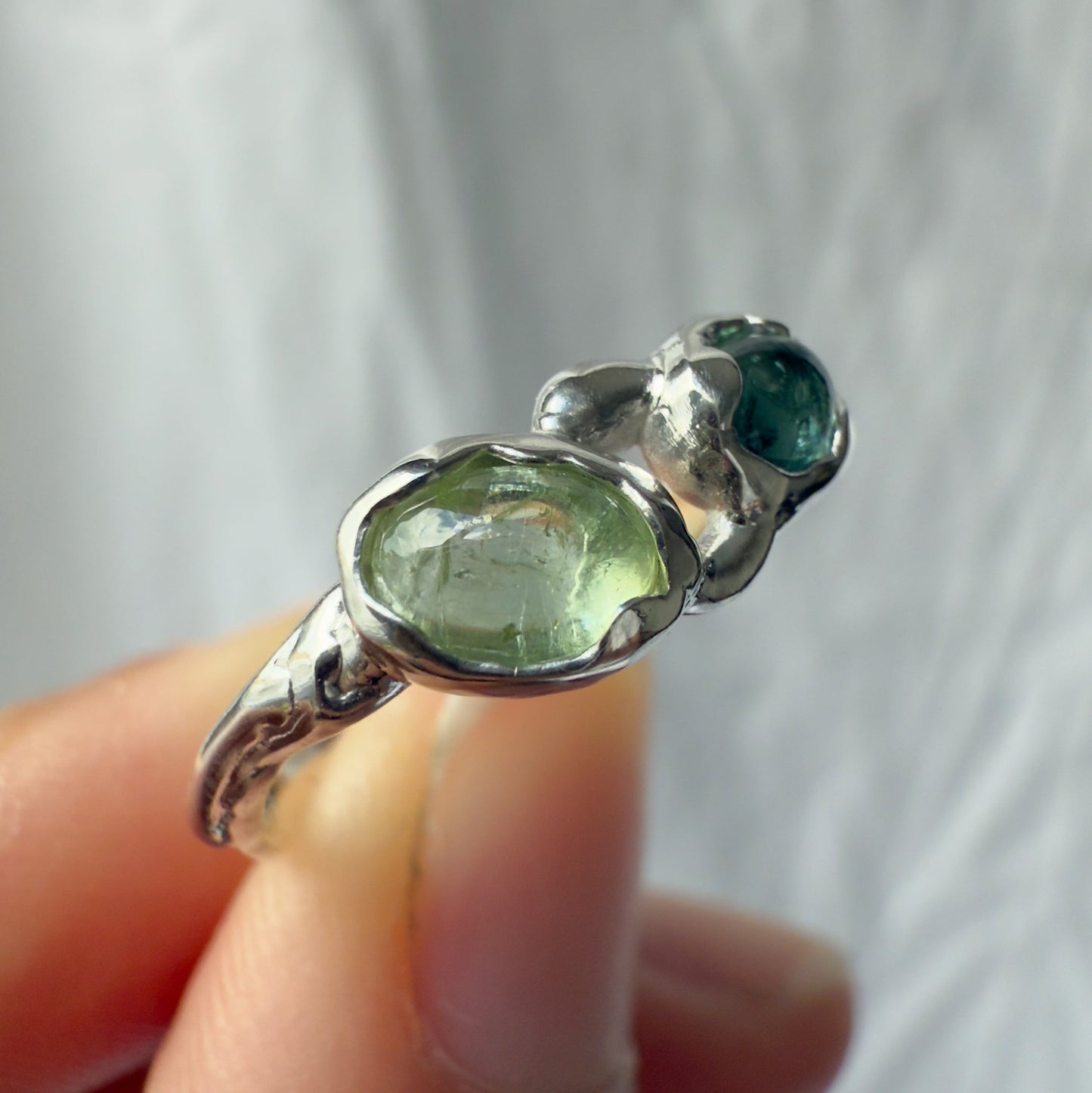 blue green tourmaline sterling silver ring carved from wax and cast in sterling silver