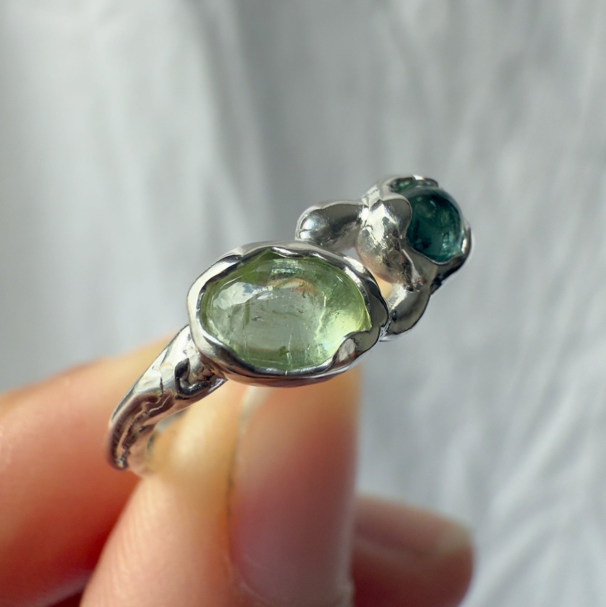 blue green tourmaline sterling silver ring carved from wax and cast in sterling silver